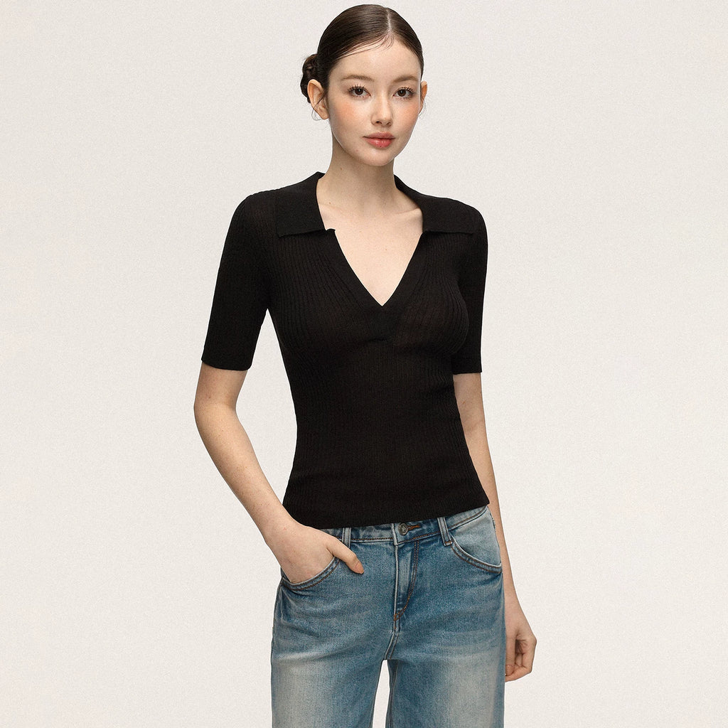 Anna Aneae Lapel Knit Slim Slim Tee