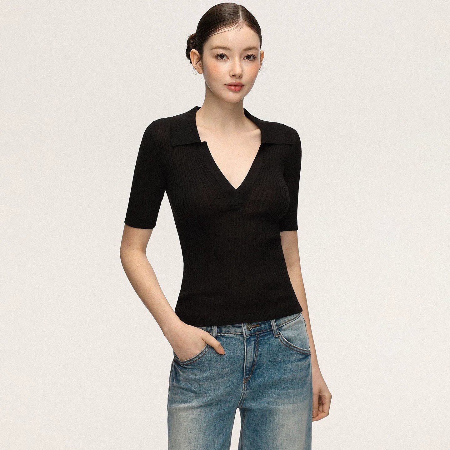Anna Aneae Lapel Knit Slim Slim Tee