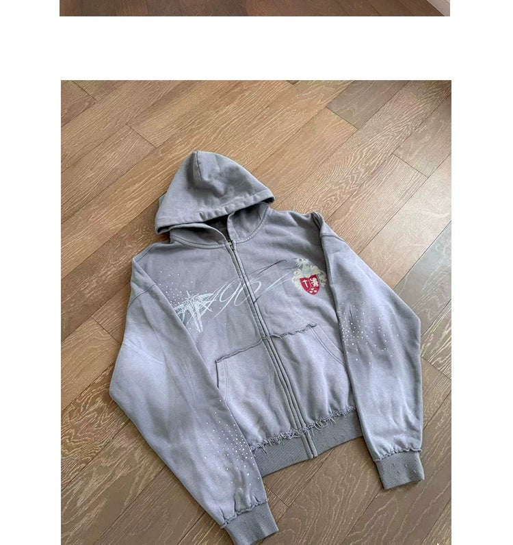 WASE Old Damage Print Hooded Hot Drill Short Wide Zipper Sweater