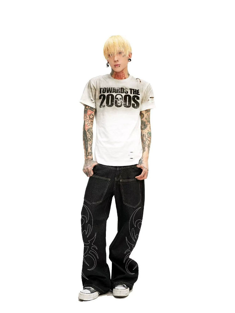 DETW 25ss * "Totem" original niche scimitar original cow snake pattern embroidery wide-footed commuter daily jeans