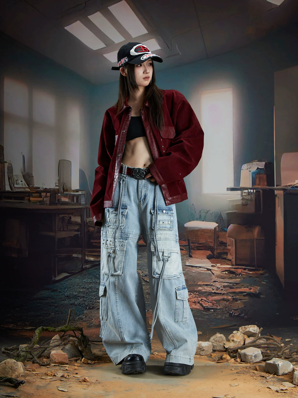 NOMANIAI Rivet Streamer Wash Water Do Old Multi-pocket Jeans