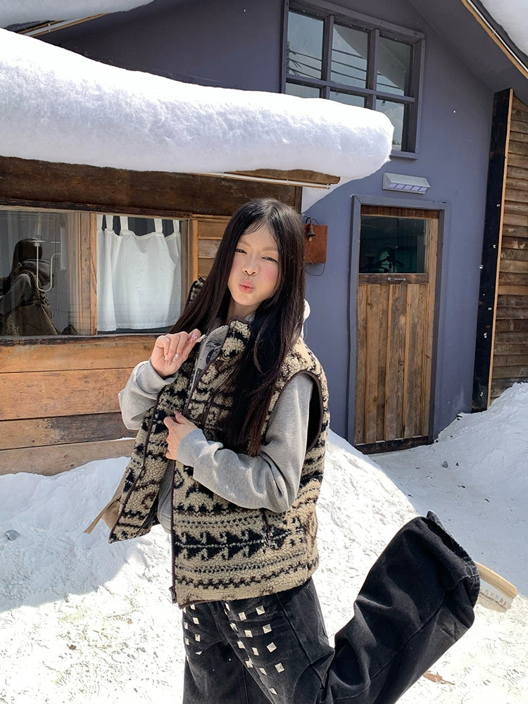 EAHO Lamb Wool Fair Island Jacquard Cotton Coat Vest