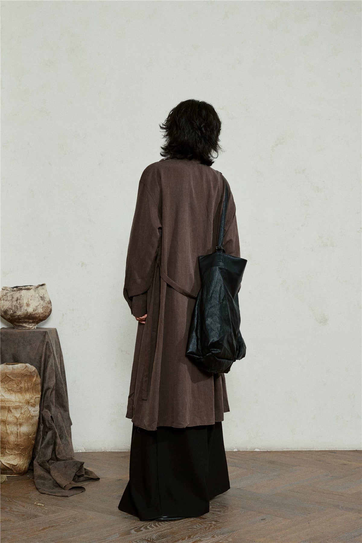 SUNYVONNE Asymmetrical Large Lapel Long Belted Coat