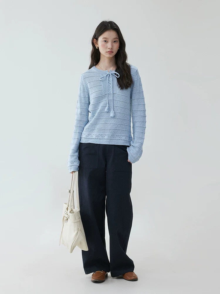 VOOE Strap-on Crew Neck Hollow Pullover Sweater