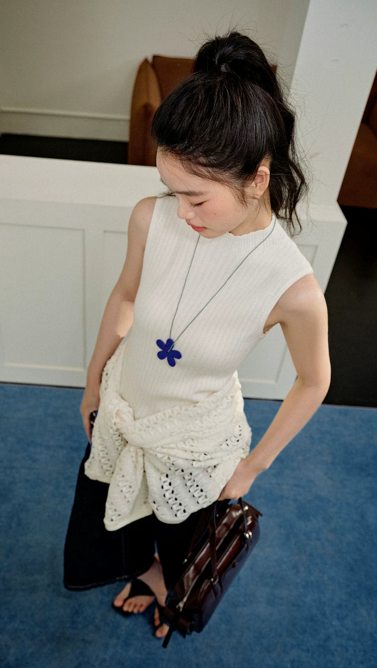 Kuose Lace Hollow Blouse Suspender Knitted Set