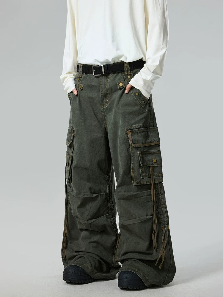 BTSG Blockbuster Wash Design Multi-Pocket Wide Leg Pants