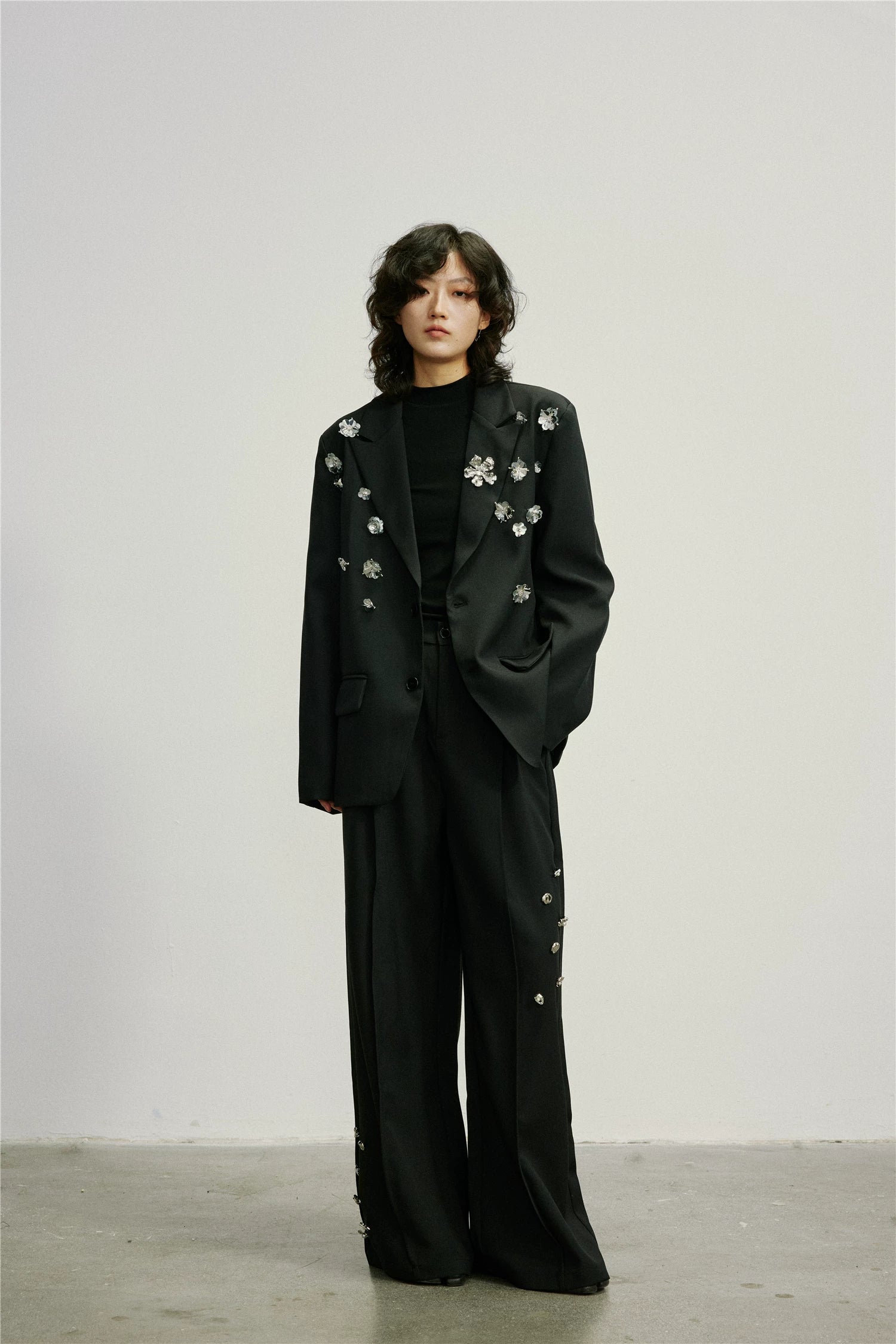 SUNYVONNE Three-dimensional Flower Beaded Blazer