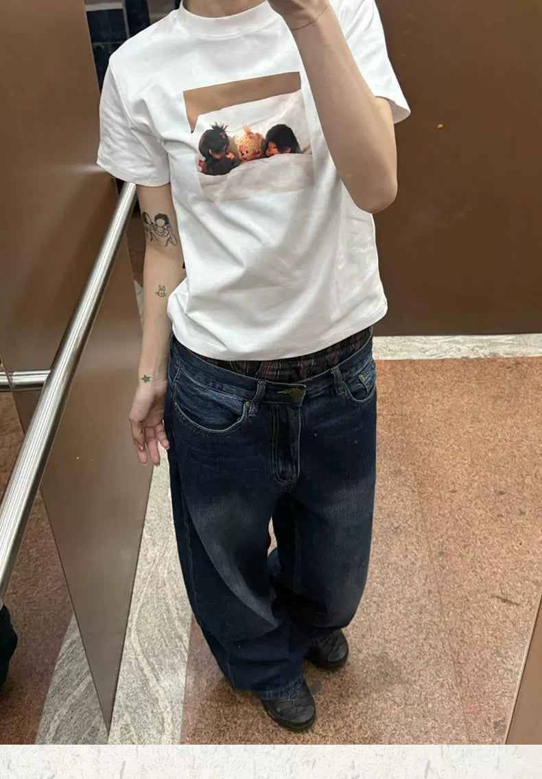 MMBBT Cartoon Printed Front Shoulder Loose Versatile Tee