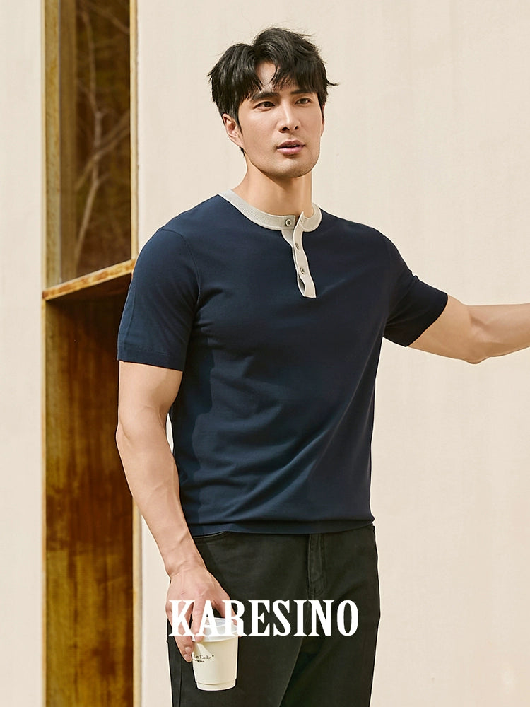 KARESINO Contrasting Color Splicing Cold Silk Cool Knitted Polo Shirt