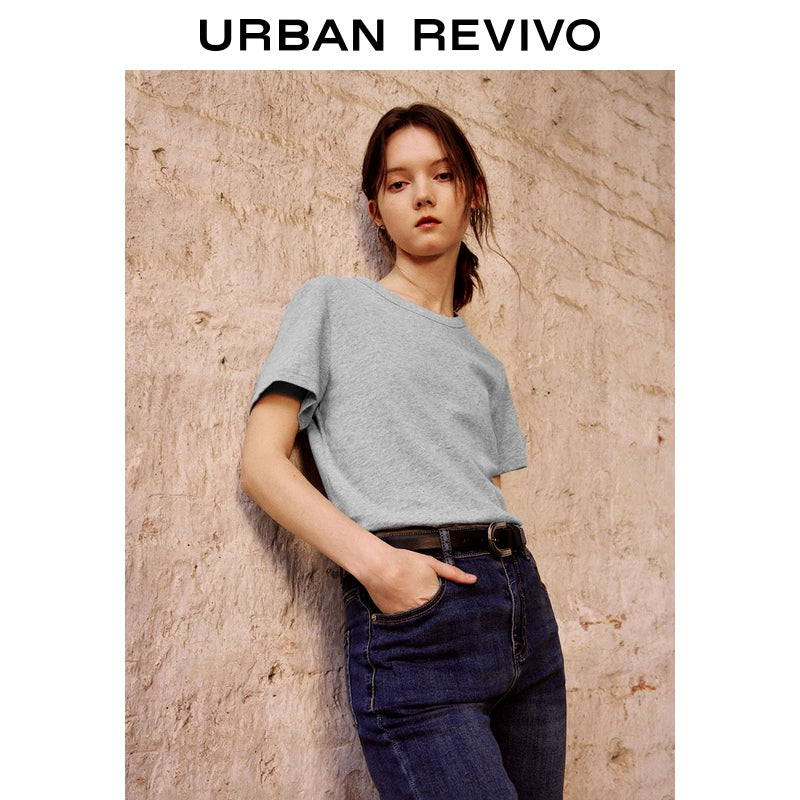 URBAN REVIVO Simple Basic Solid Color Cotton Round Neck Tee