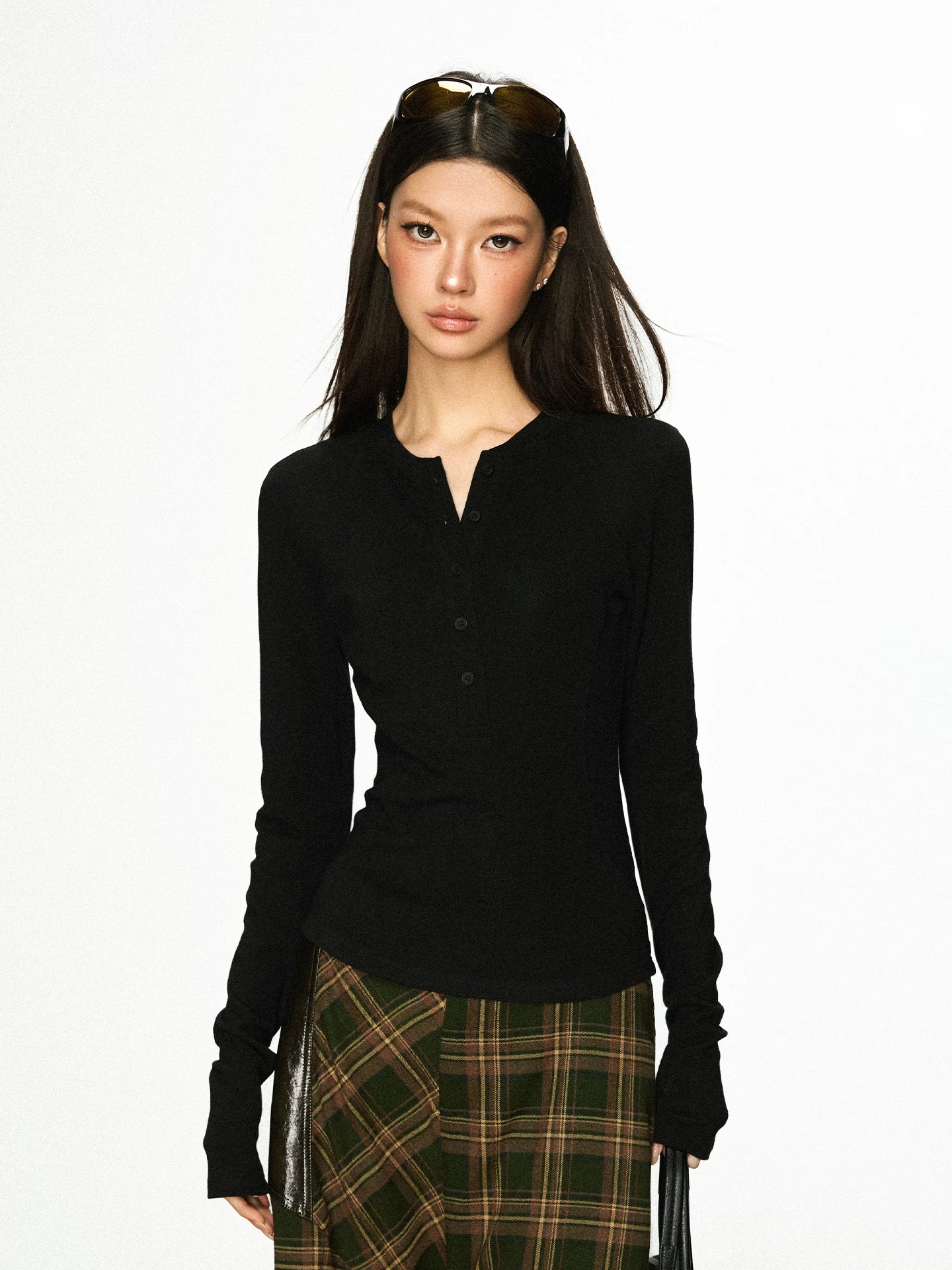 Cherry Melody Henry Collar Button Versatile Primer Long Sleeve