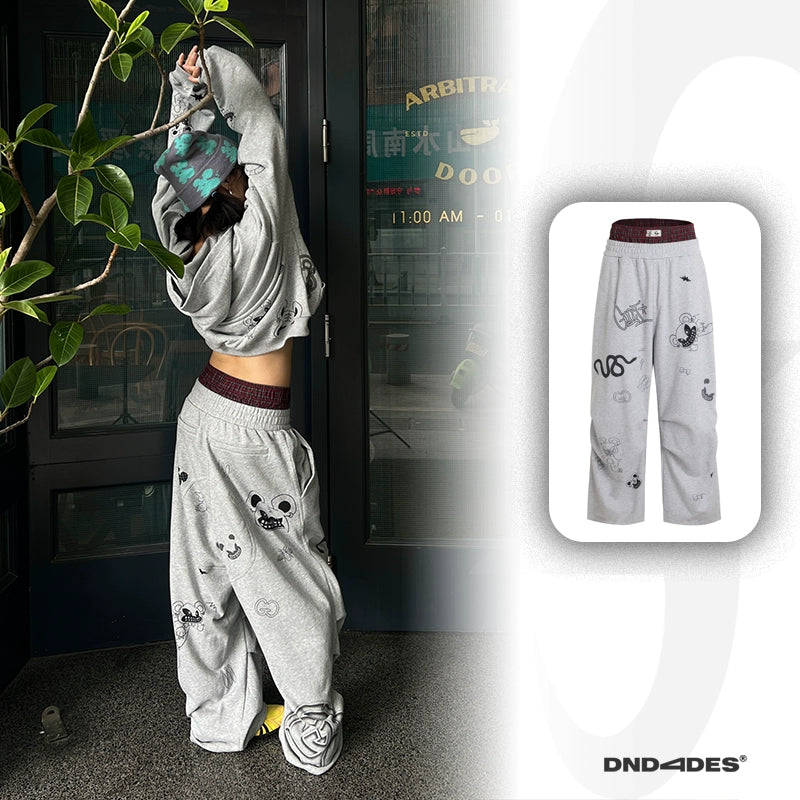 DND4DES Graffiti Print Double Waist Splicing Gray Sweatpants