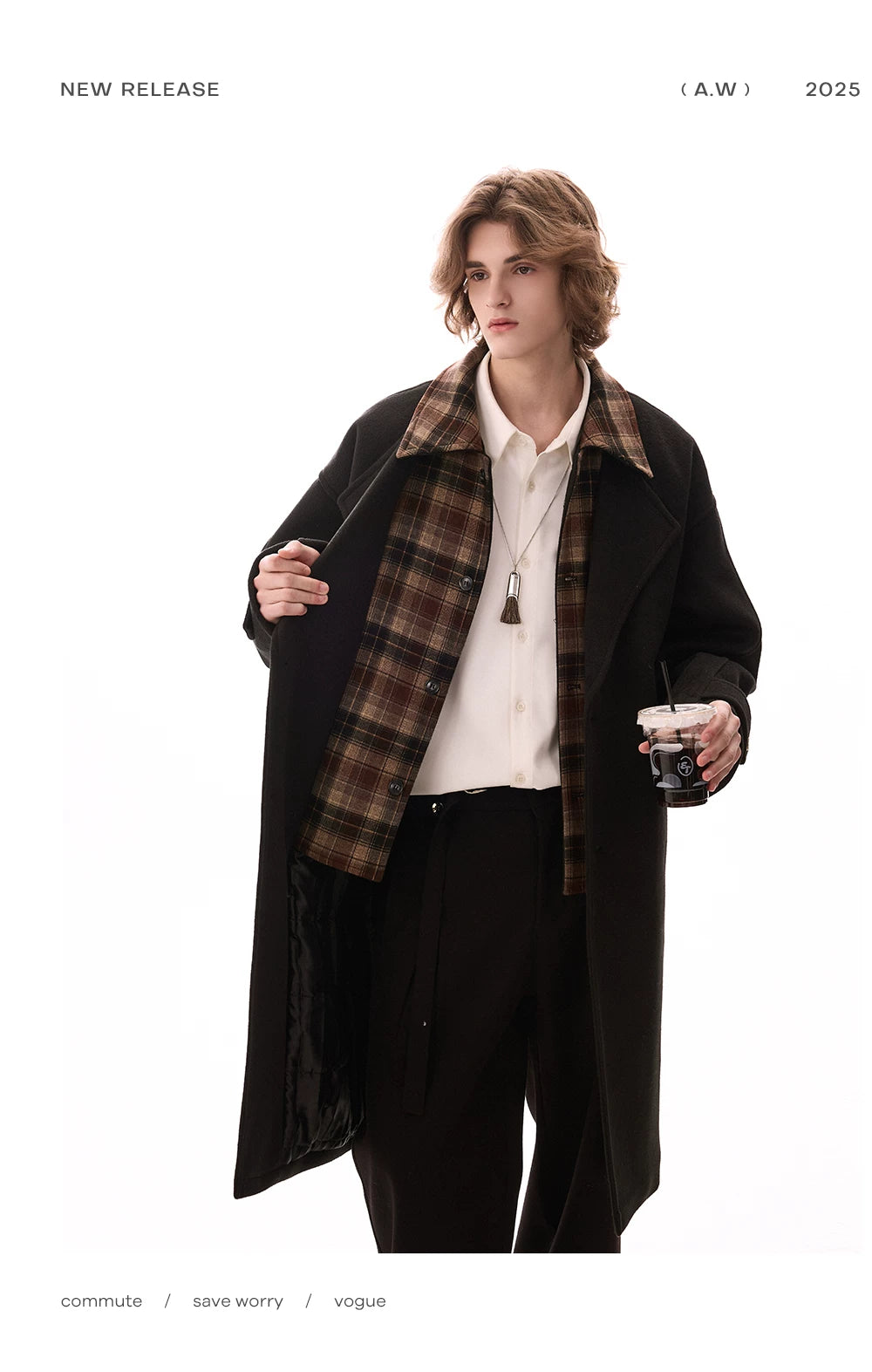CHOR Casual Plaid Stitching Fake Two-piece Woolen Jacket