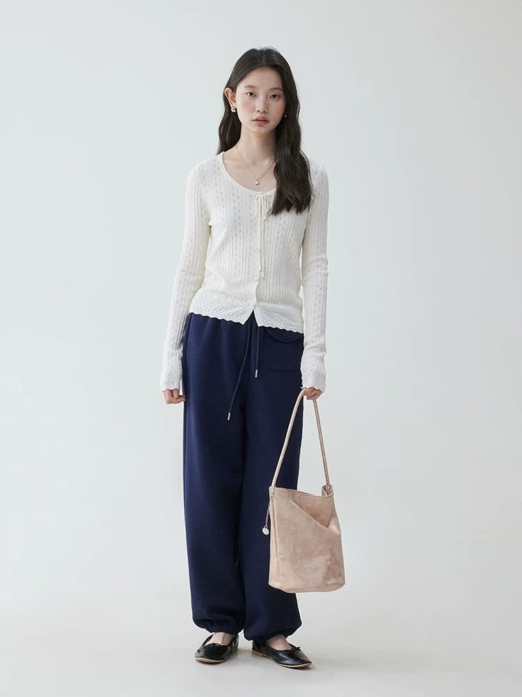 VOOE Round Neck Jacquard Hollow Strap Knitted Long Sleeve
