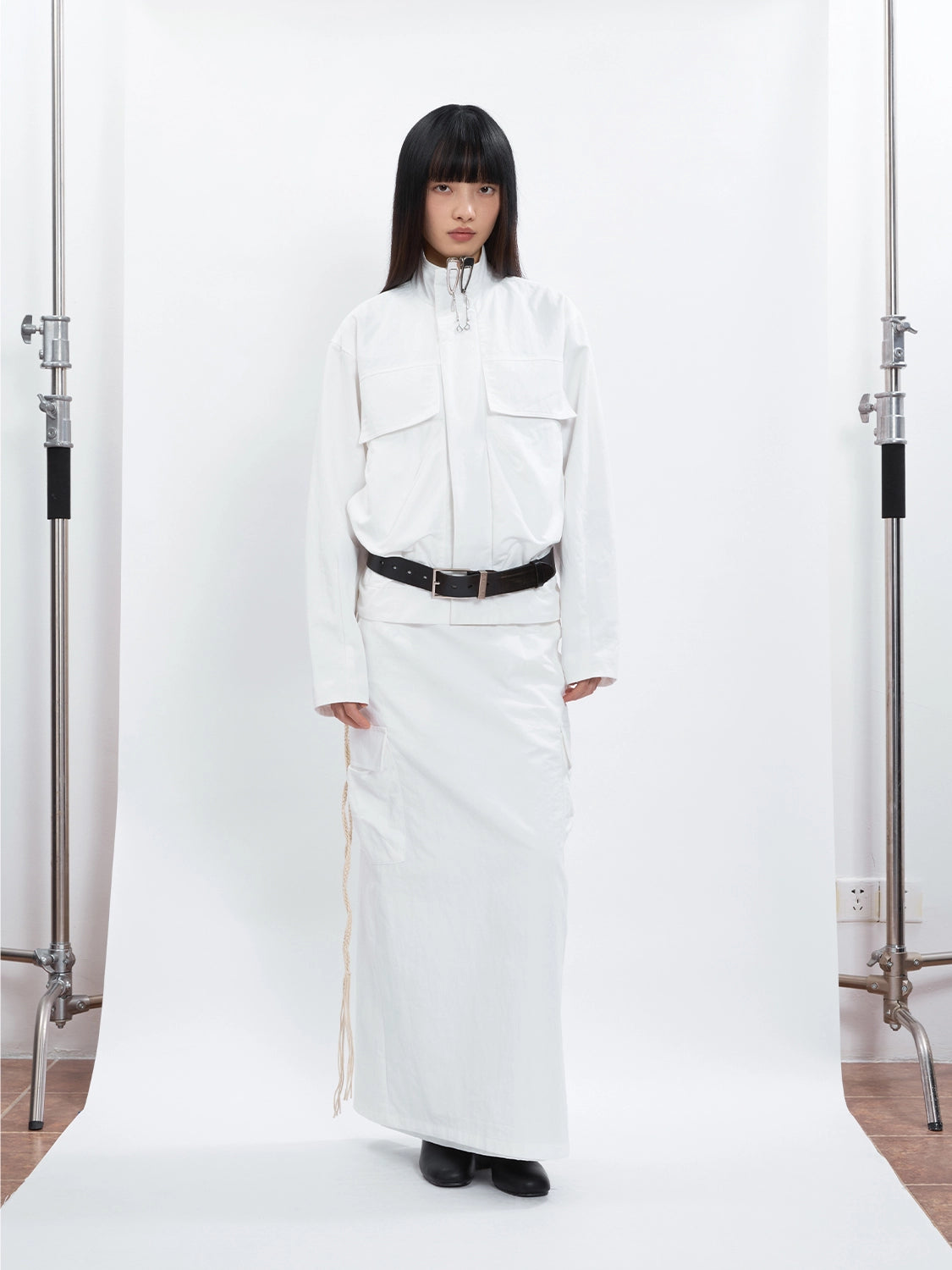 FUNKYFUN Silhouette Twill Tooling Woven Waist Rope Long Skirt