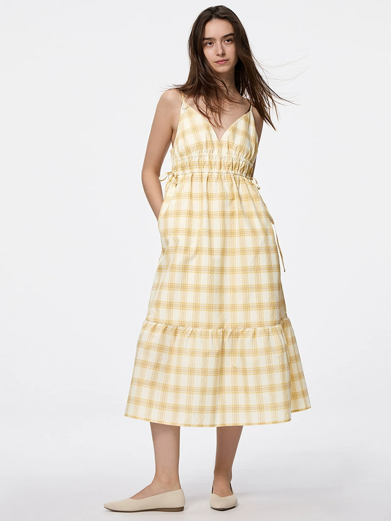 GU Plaid Suspender Dress V-neck Bow