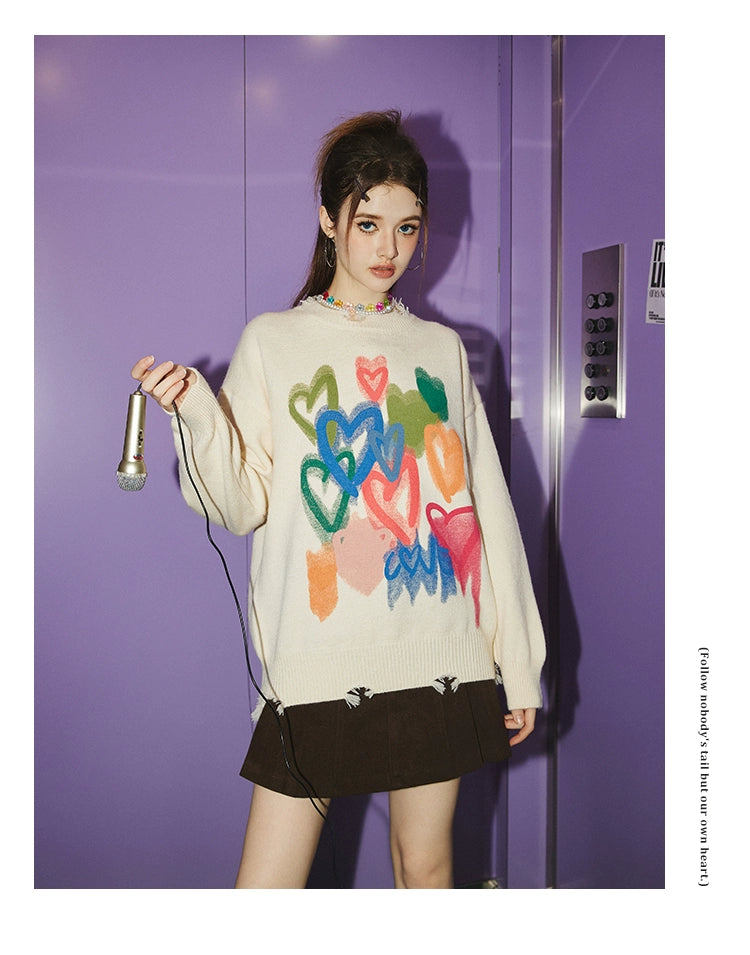 UNIFREE Lazy Style Crew Neck Thickened Ripped Knitted Sweater