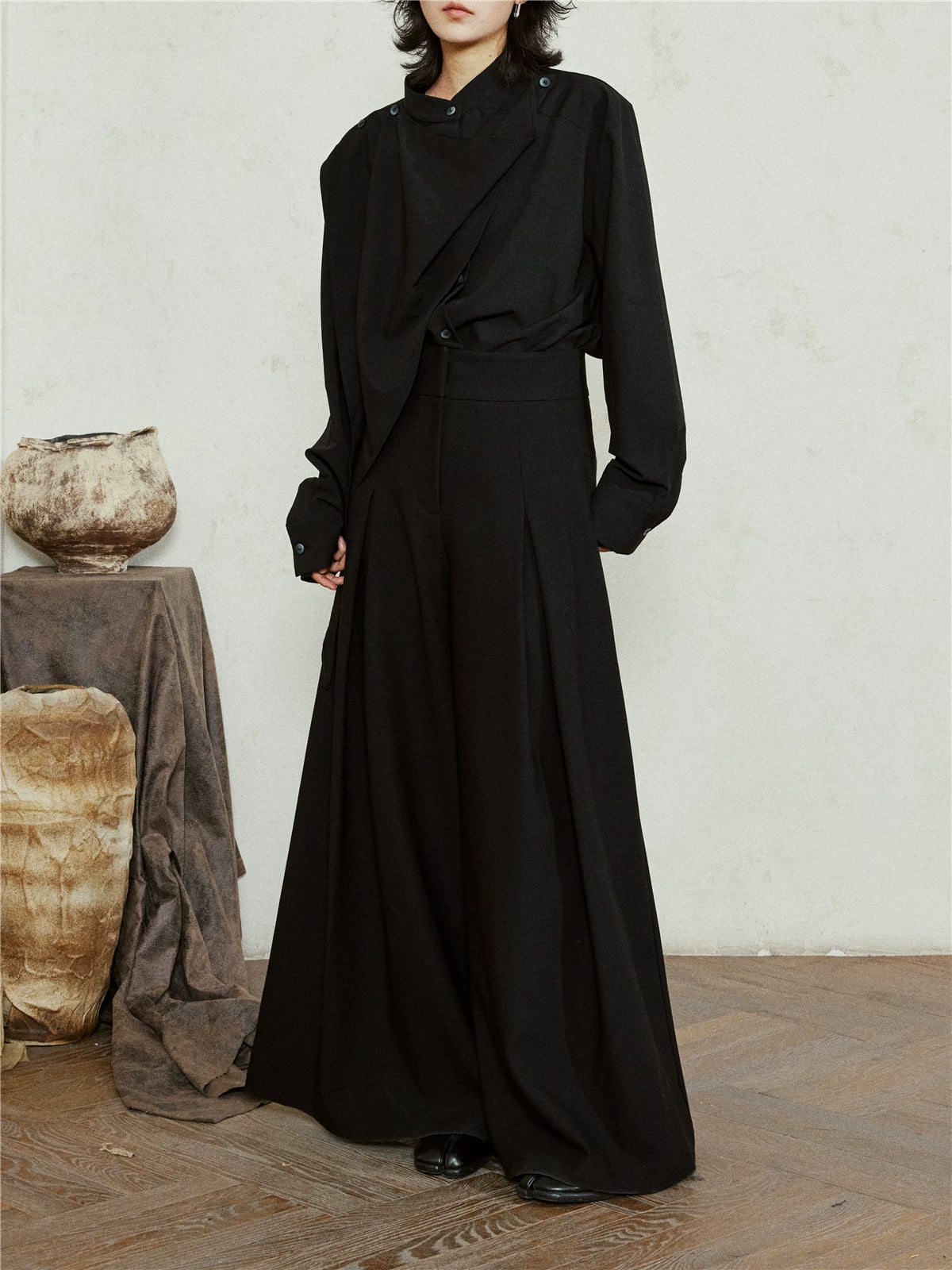 SUNYVONNE High-waisted Wide-leg Floor-length Suit Pants