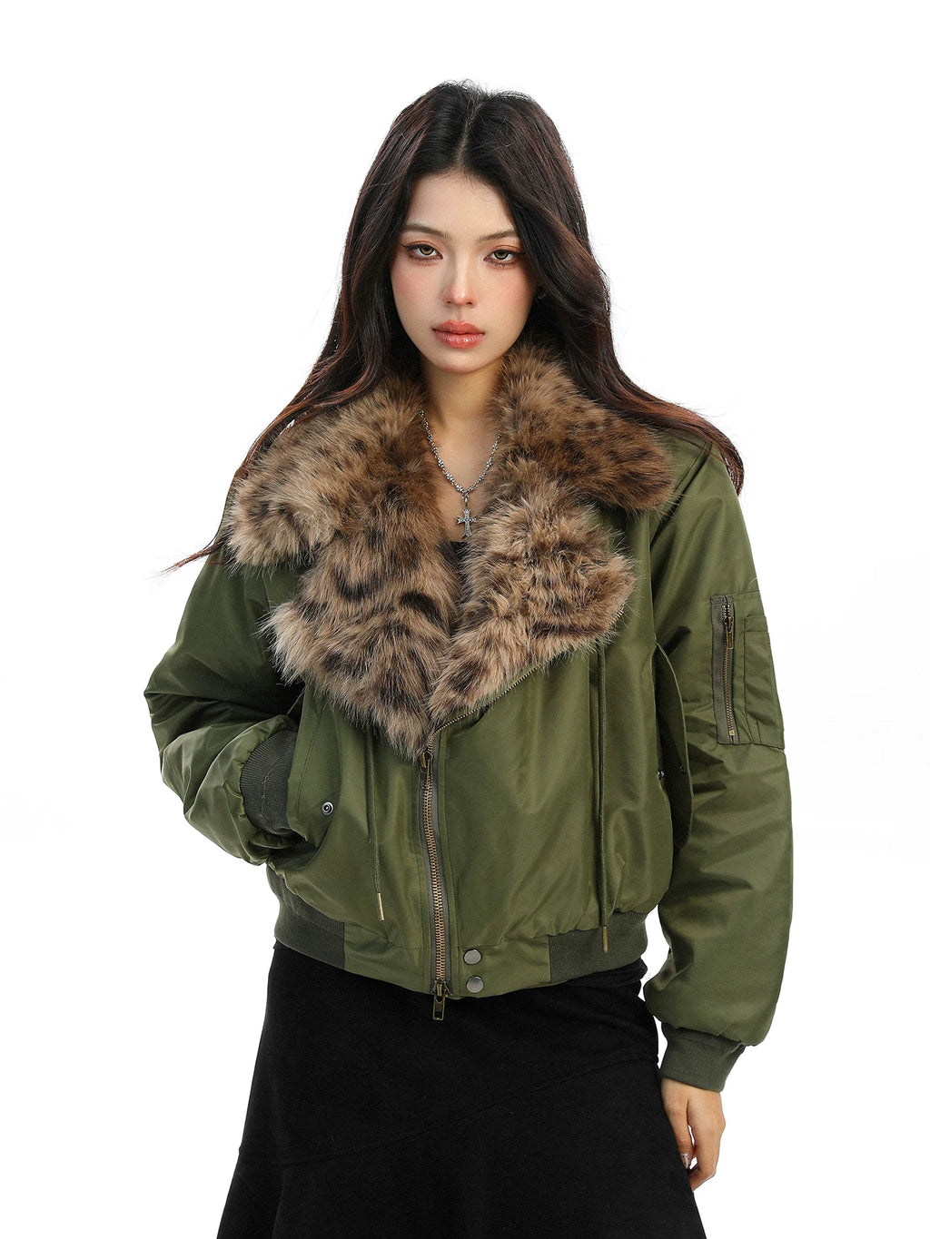 Kenvibe Leopard Print Fur Collar Thickened Loose Short Coat