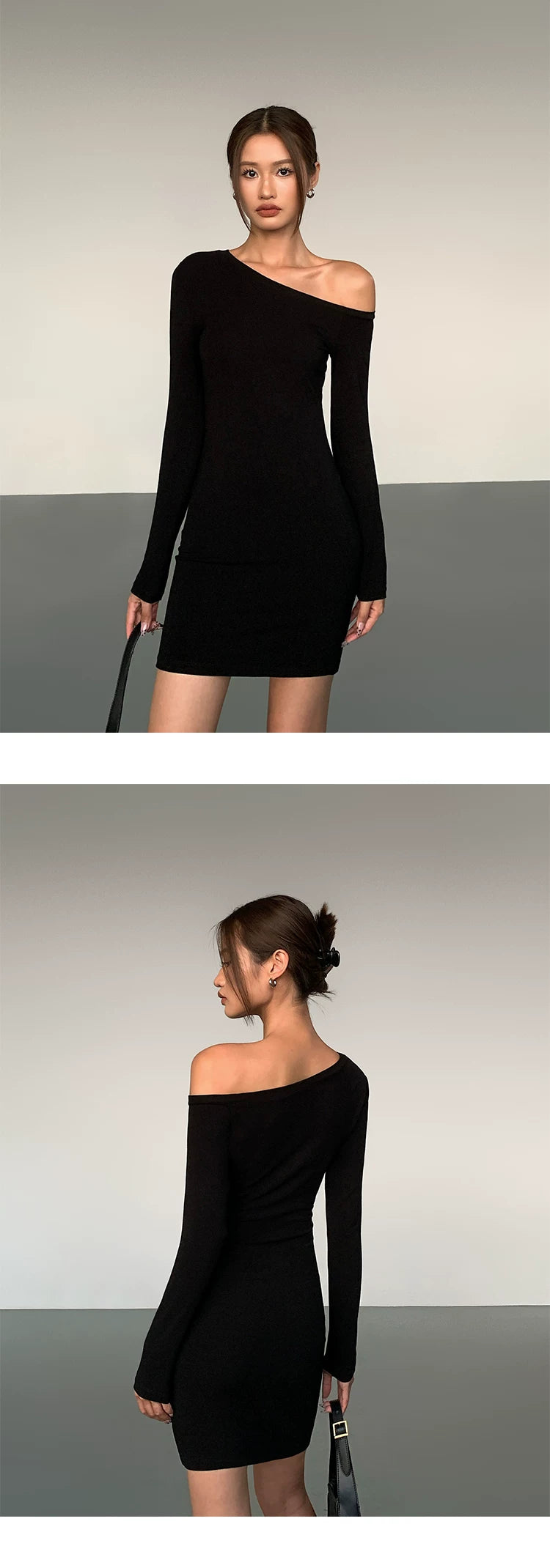 OUSPH Slim-fit Slanted Shoulder Knitted Long-sleeved Dress