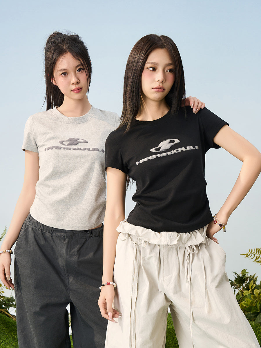 HACR Elastic Knitted Logo Front Shoulder Waist Tee