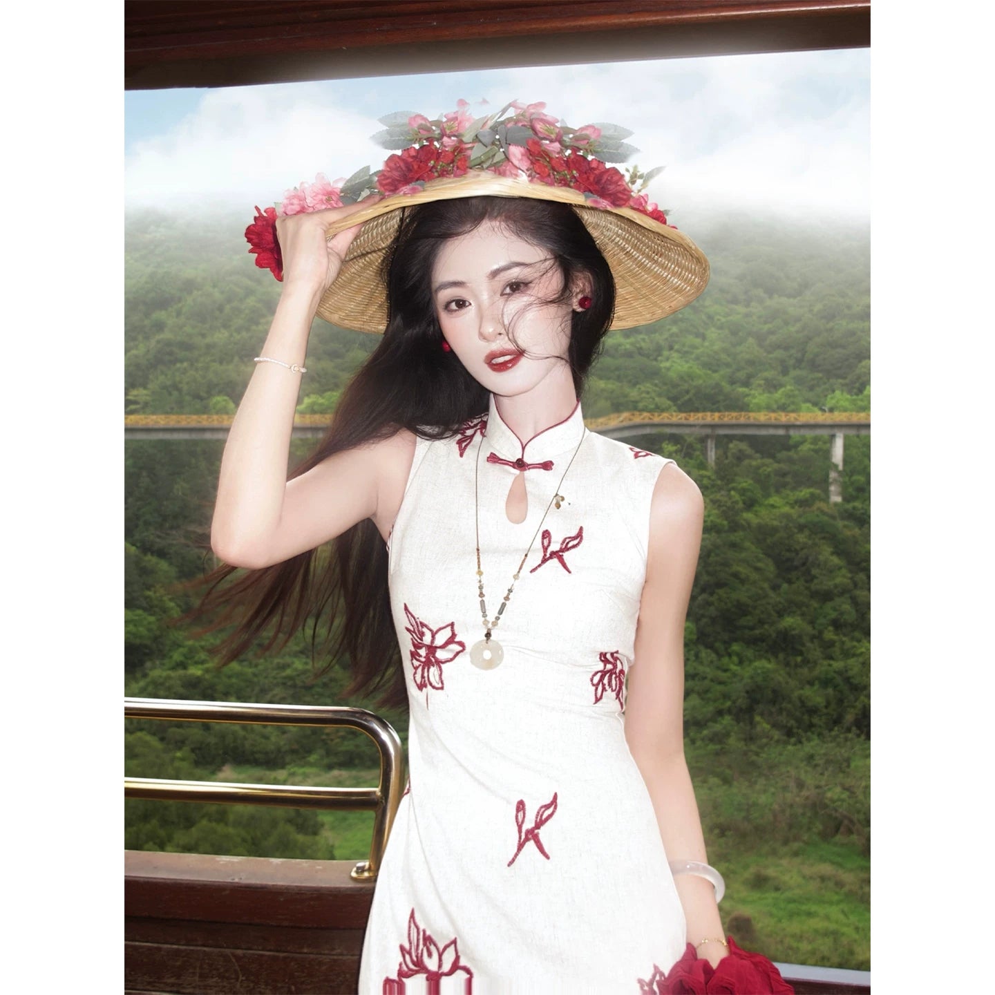 ZIHE Floral Embroidered Cheongsam Slim Dress