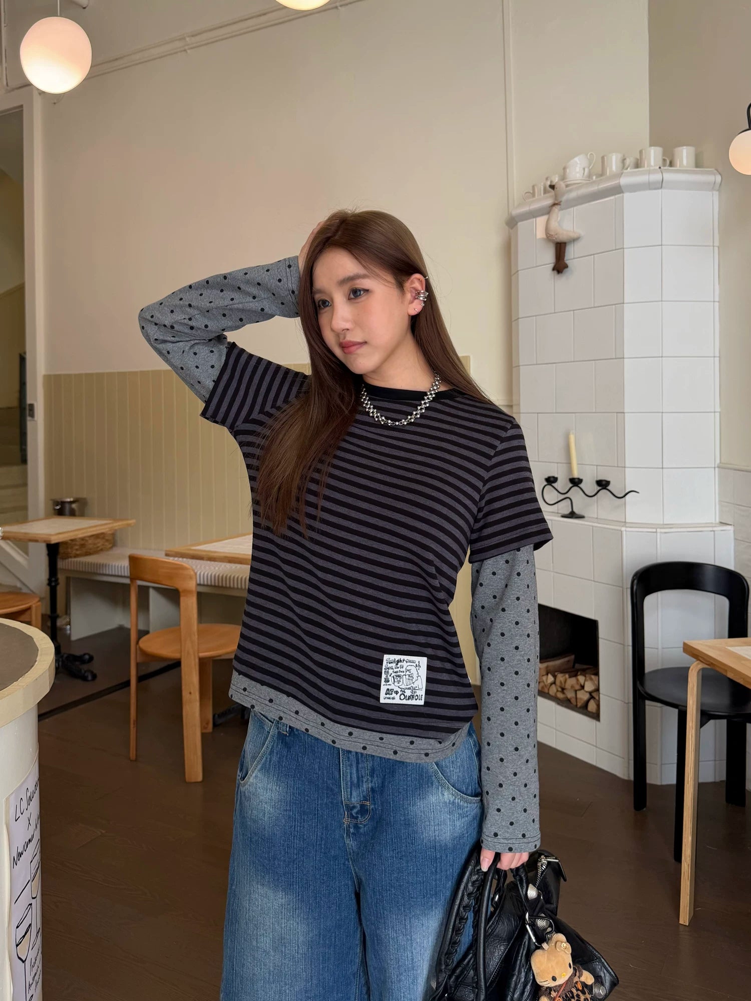 CCYE Striped Splicing Polka Dot Fake Two-piece Front Shoulder Long Sleeve