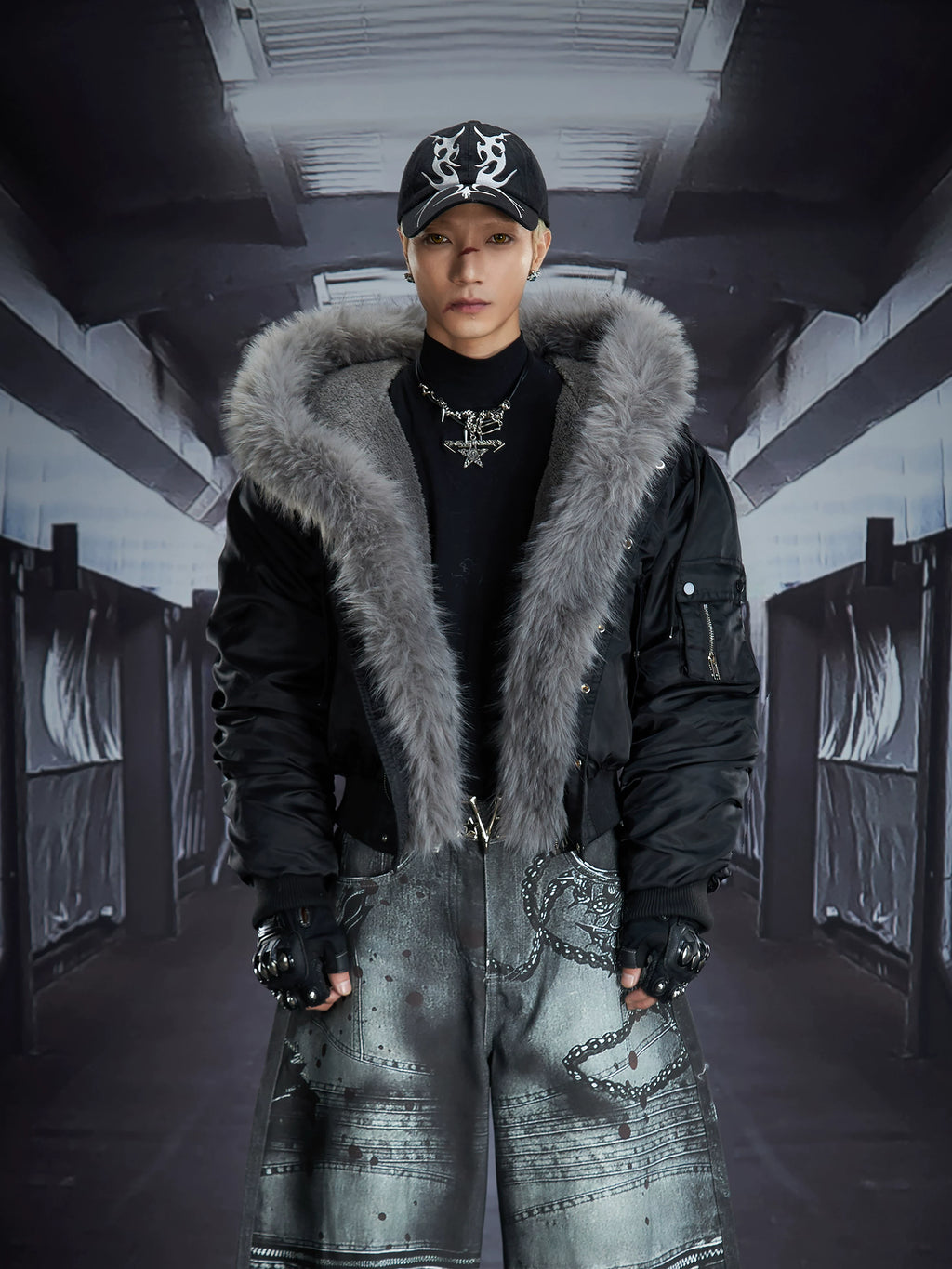 NOMANIAI Removable Fur Collar Nailed Hooded Embroidered Fleece Cotton Jacket