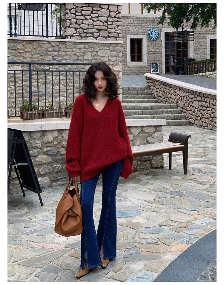 KELIFAN Lazy V-neck Sweater High Waist Micro-pull Jeans Set