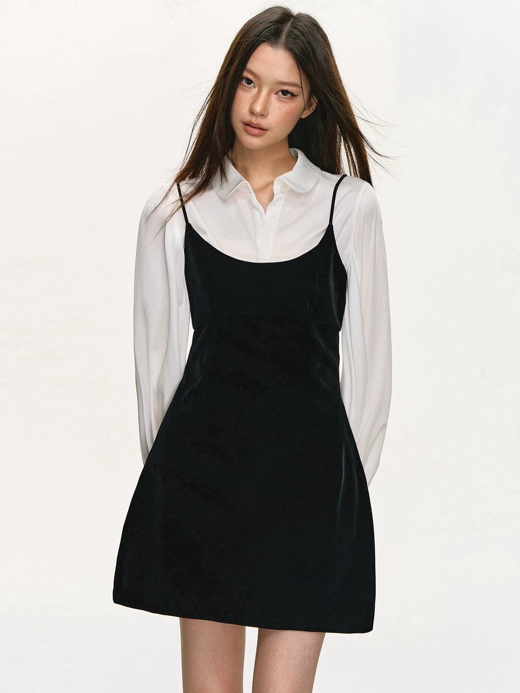Anna Aneae Long Sleeve Shirt Stacked Velvet Suspender Dress Set