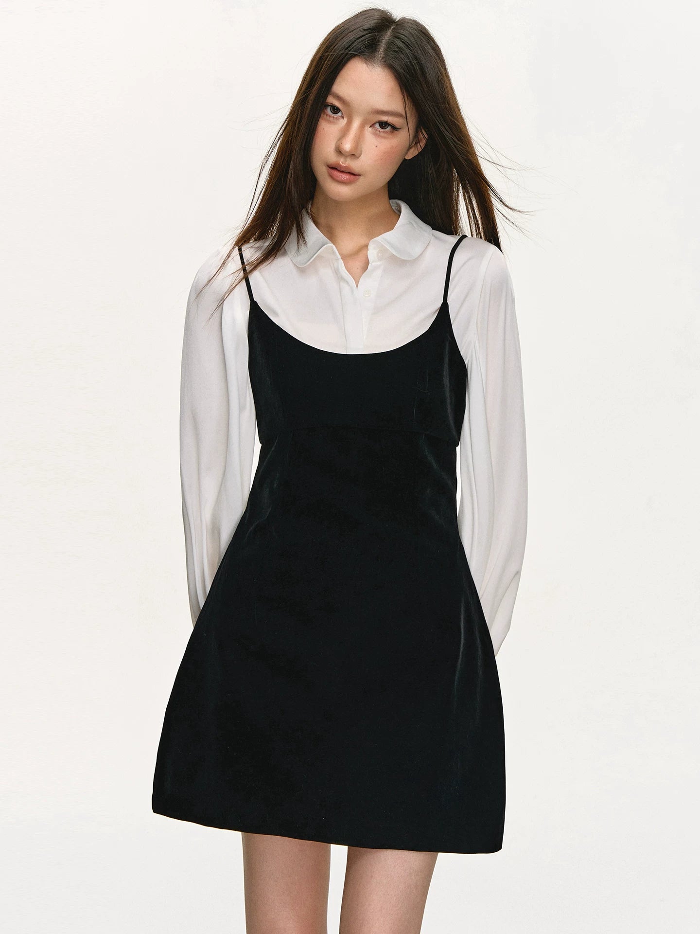 Anna Aneae Long Sleeve Shirt Stacked Velvet Suspender Dress Set