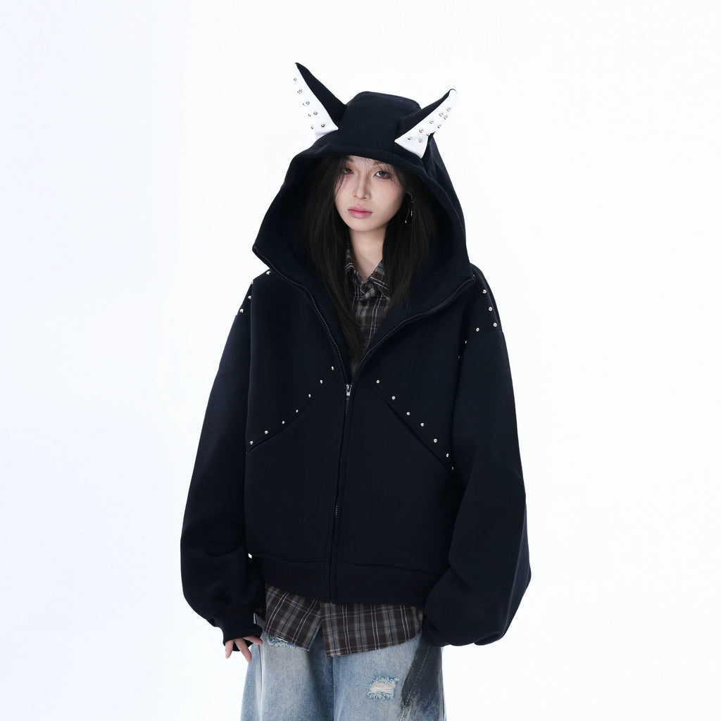 Zuocisankon Dog Ears Rivet Zip Cardigan Sweater