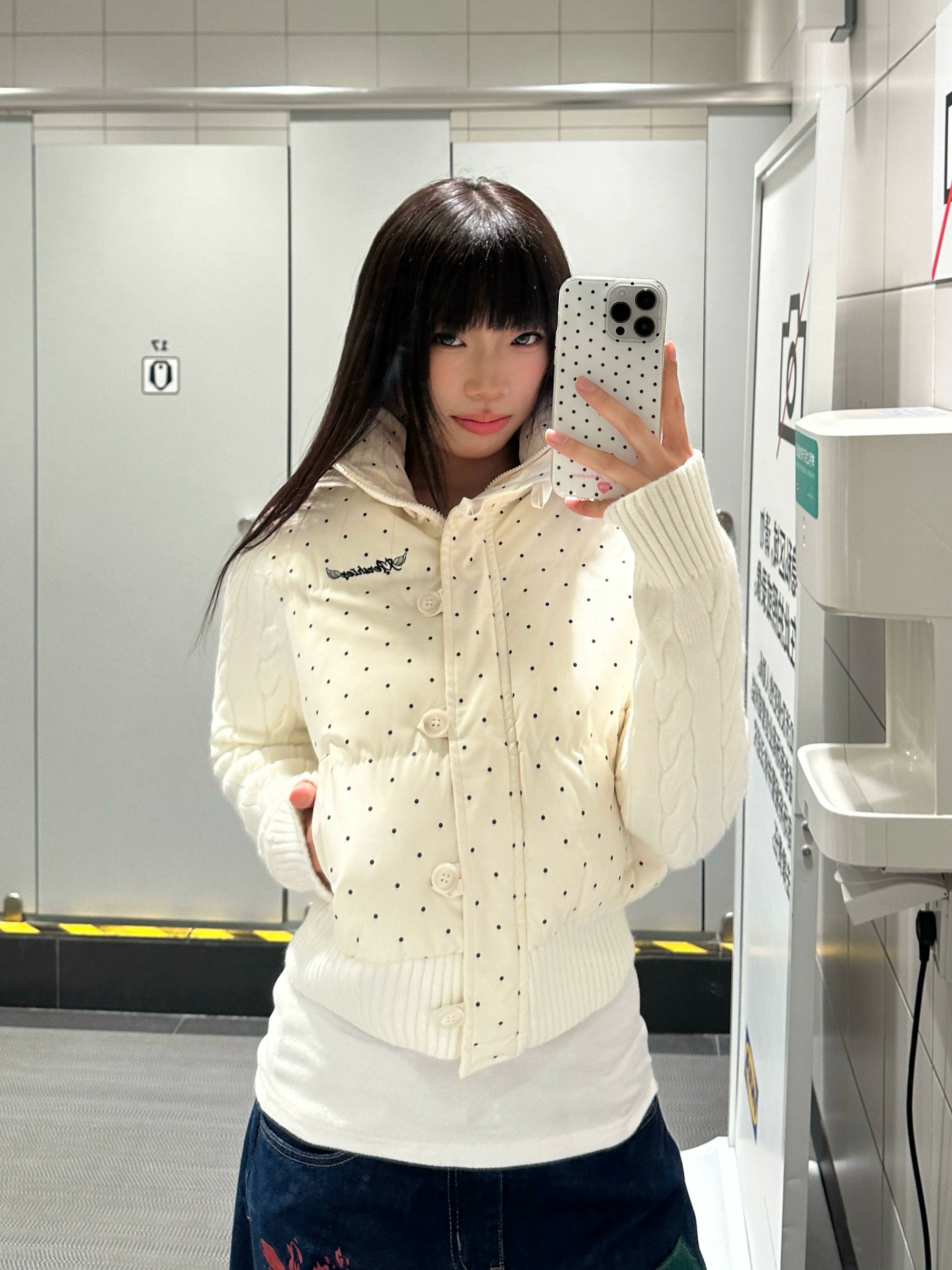 Mershier Vintage Polka Dot Splicing Knitted Stand-Up Collar Cotton Clothing