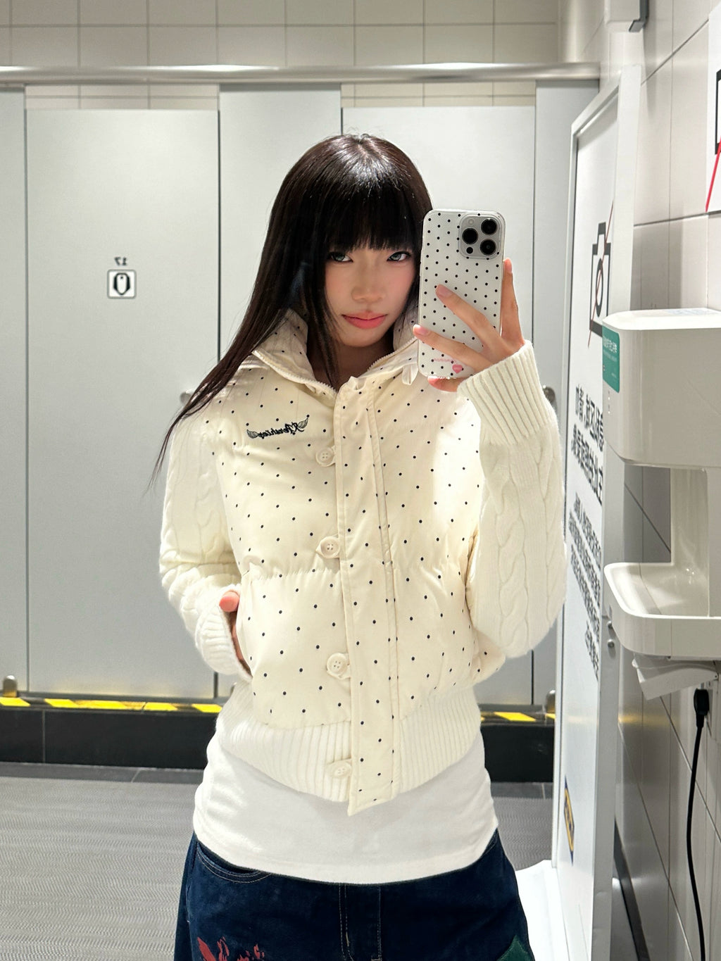 Mershier Vintage Polka Dot Splicing Knitted Stand-Up Collar Cotton Clothing