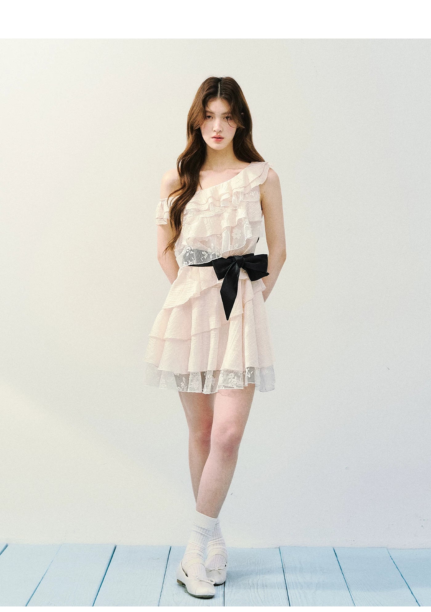 SunsetPark Fake Two-piece Slanted Shoulder Lace Ruffle Dress