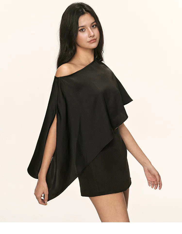 Anna Aneae Satin Slanted Shoulder Slim One-word Collar Short Tee