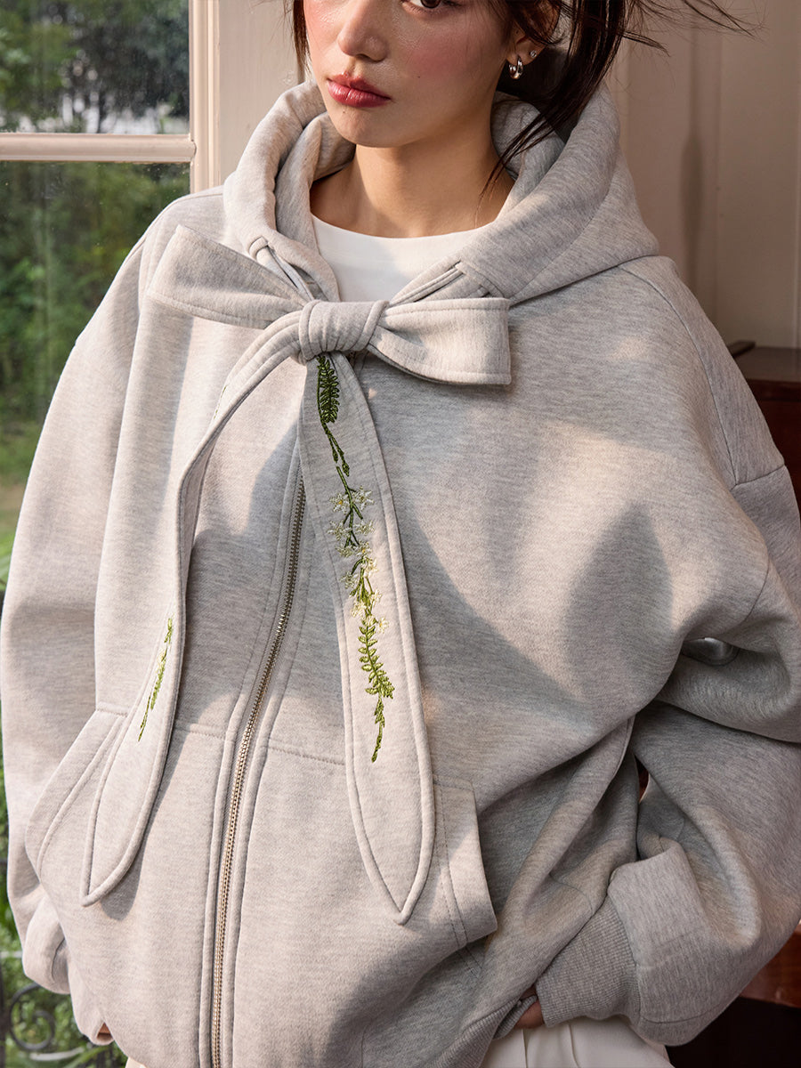 Harshandcruel Detachable Floral Embroidery Bow Tie Hoodie