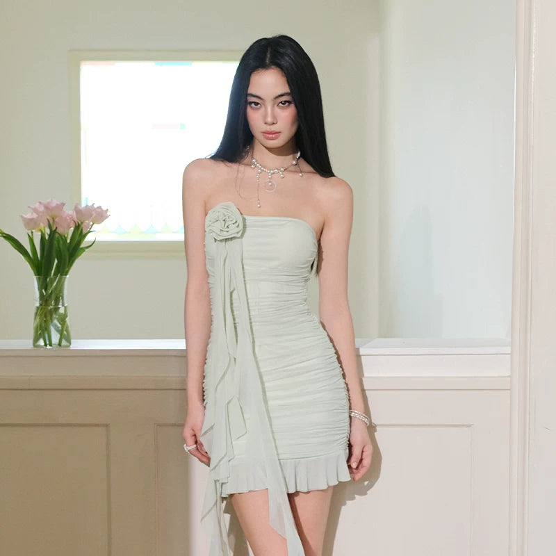 J TheChosen Flower Ribbon Mesh Crease Tub Top Dress