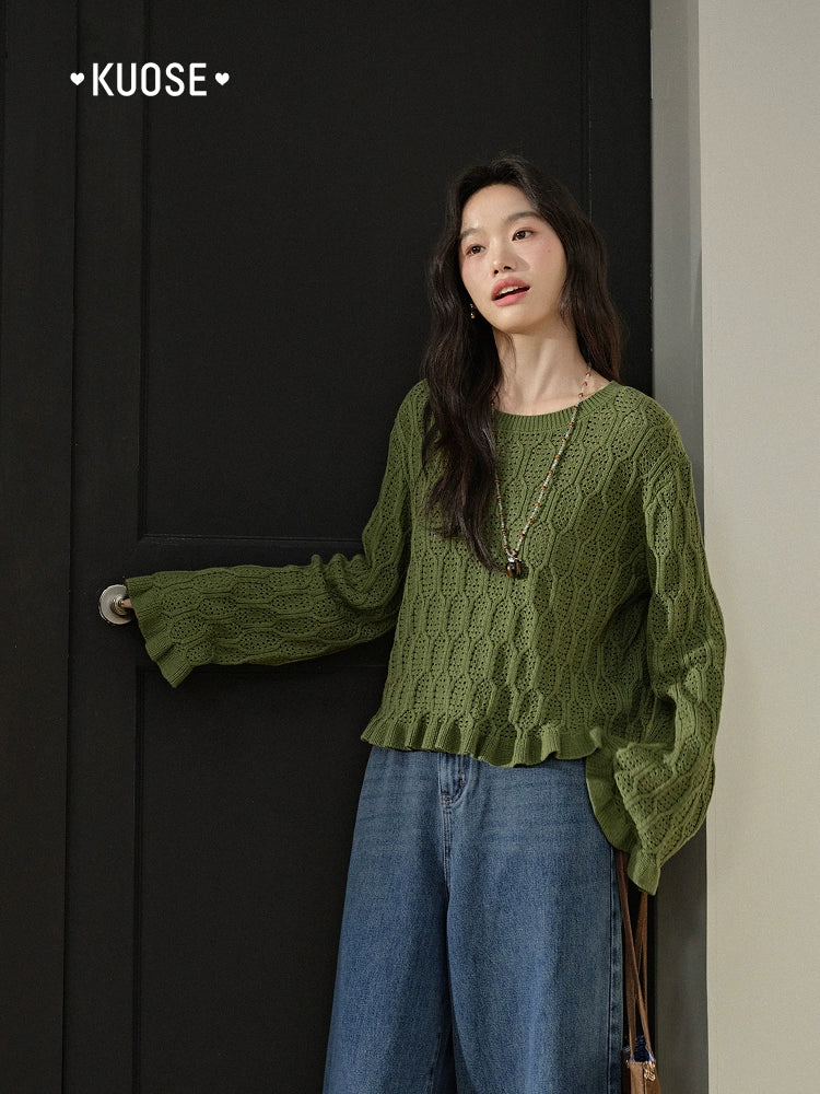 Kuose Hollow Short Long-sleeved Knitted Sweater