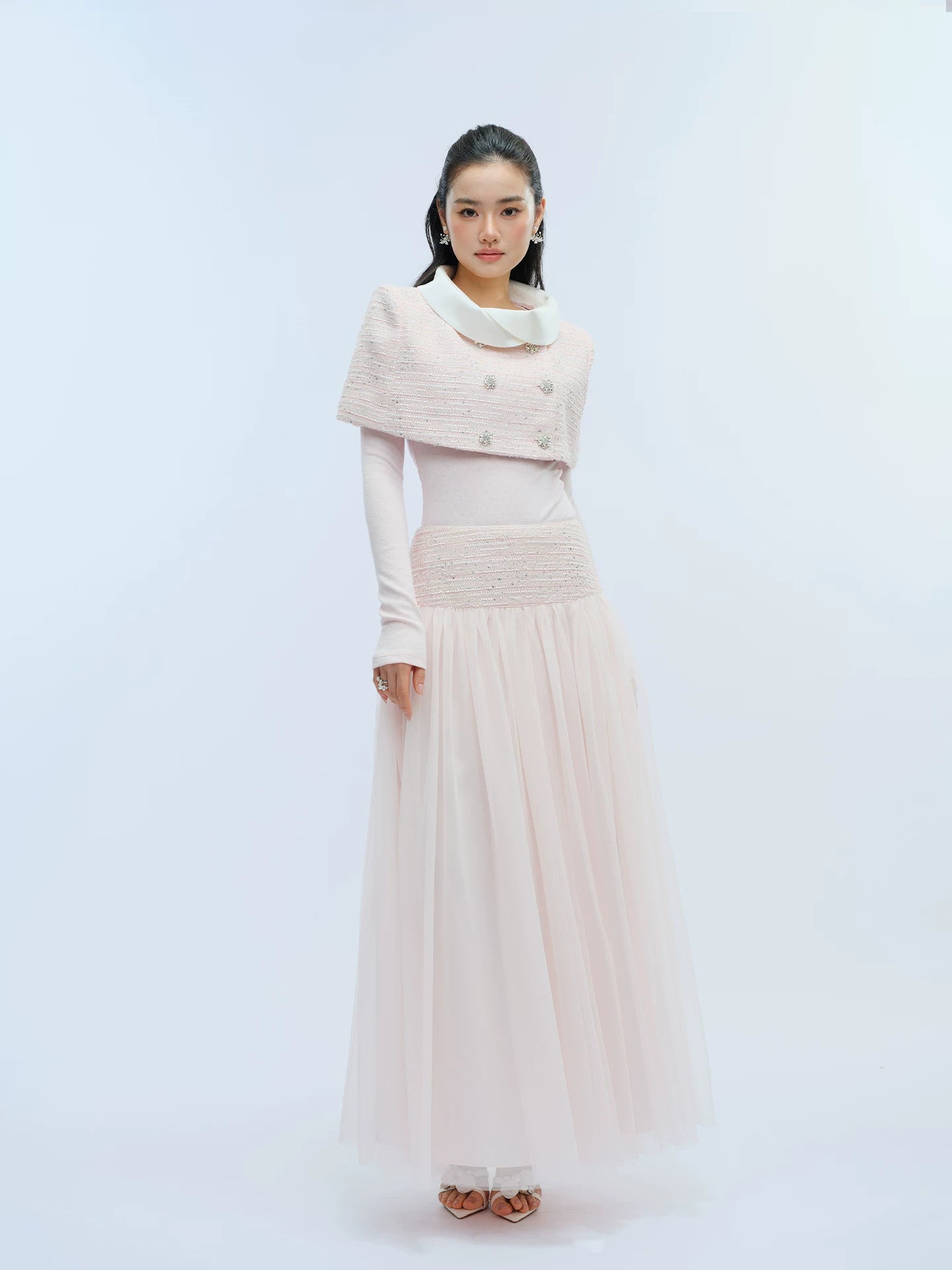 J TheChosen Satin Stand-Up Collar Shawl Mesh Skirt Set
