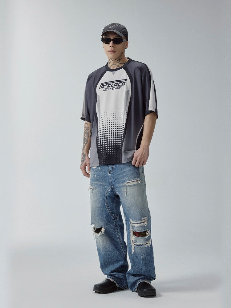 F2CE Retro Casual Splicing Printed Jersey Tee