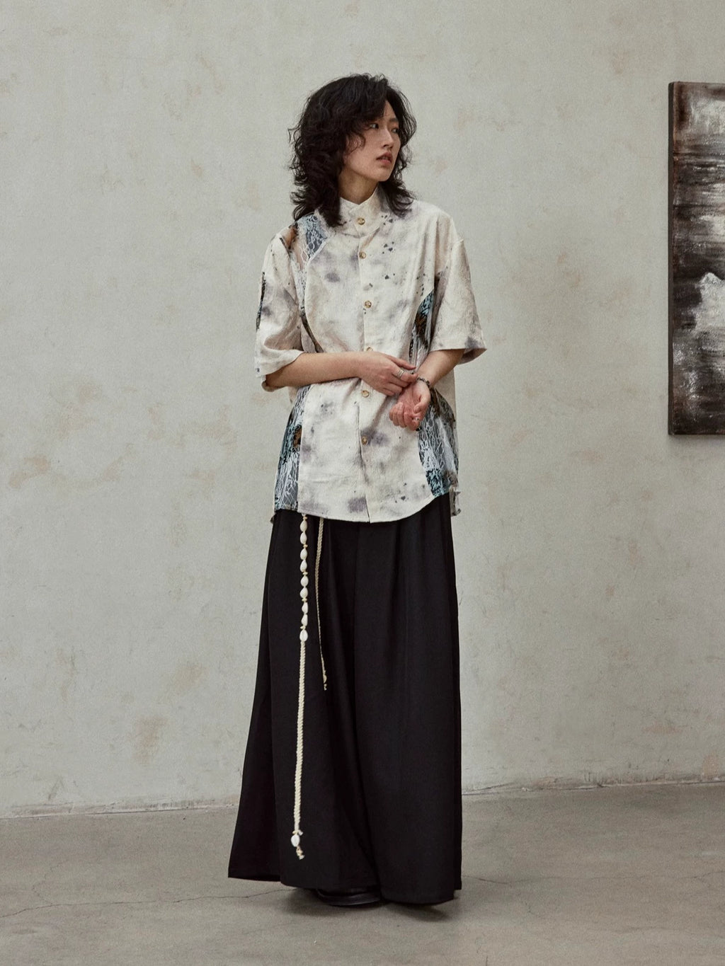 SUNYVONNE Ink Splashing Lace Stitching Retro Shirt