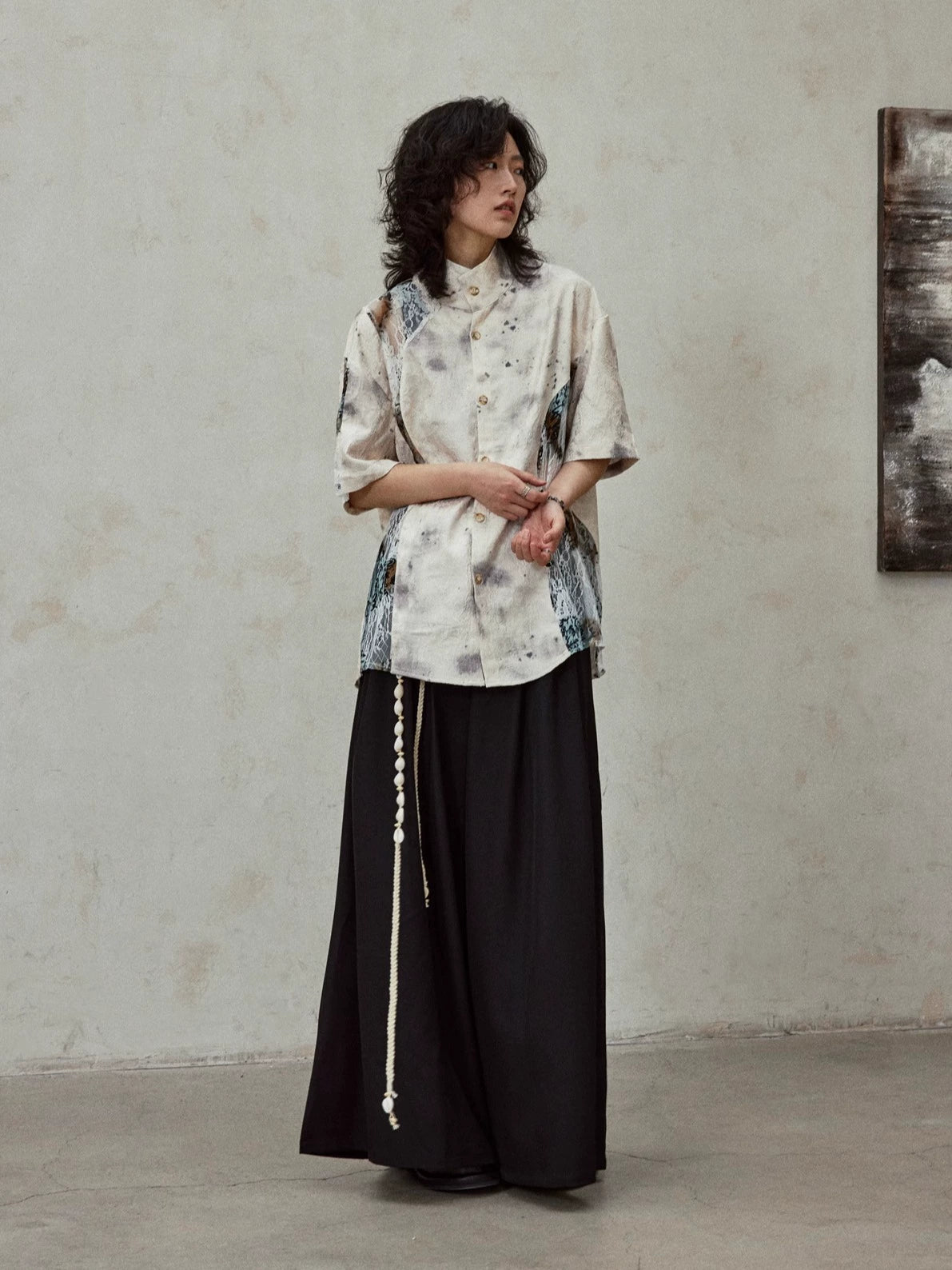 SUNYVONNE Ink Splashing Lace Stitching Retro Shirt