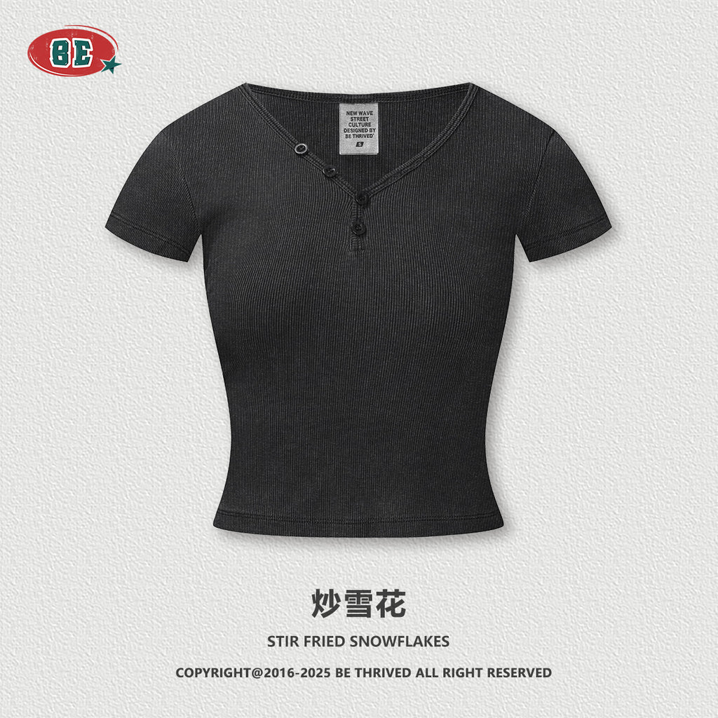 BE Women's slim fit top button v-neck tee