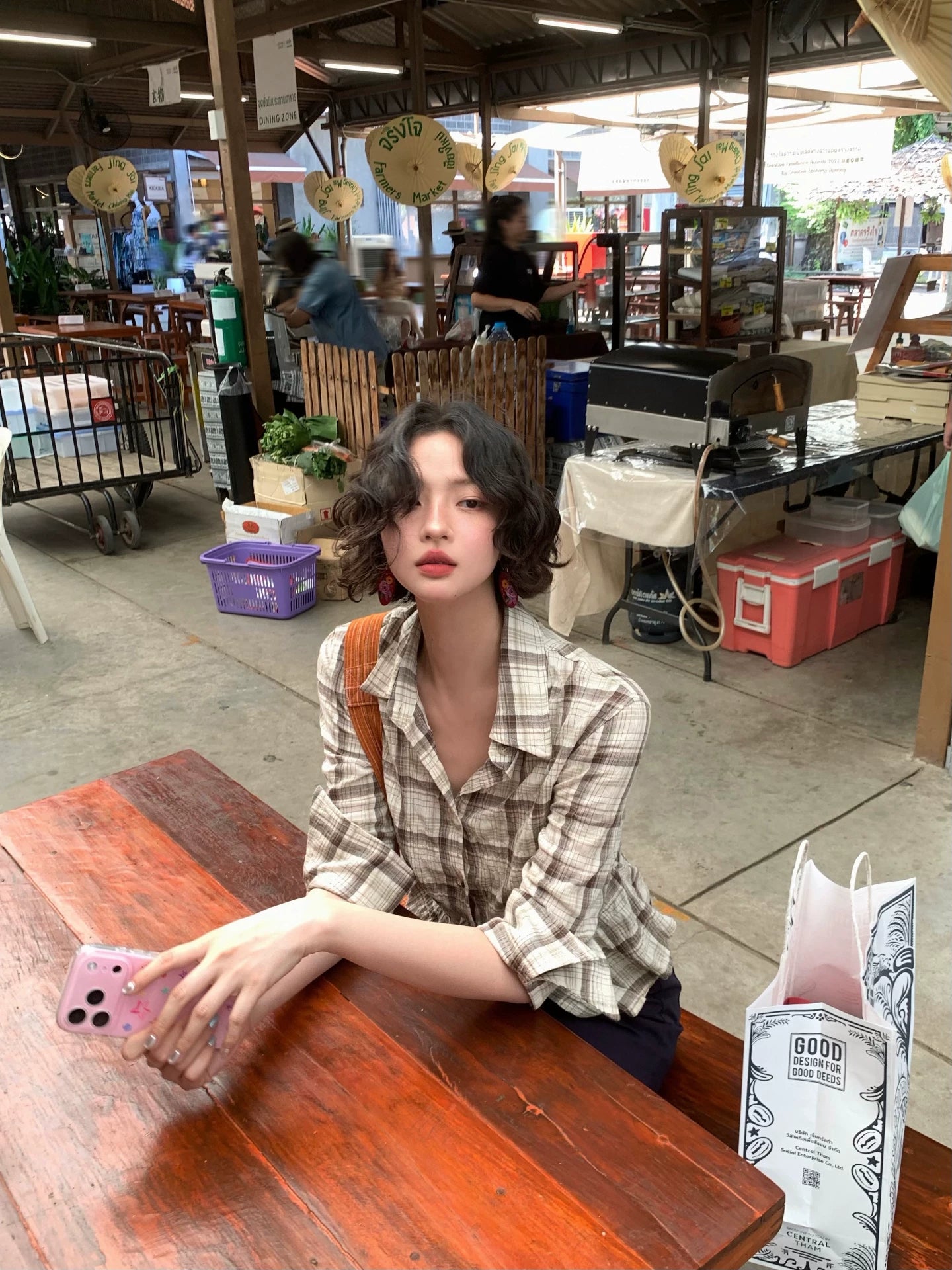 KELIFAN Retro Plaid Waist Short Shirt