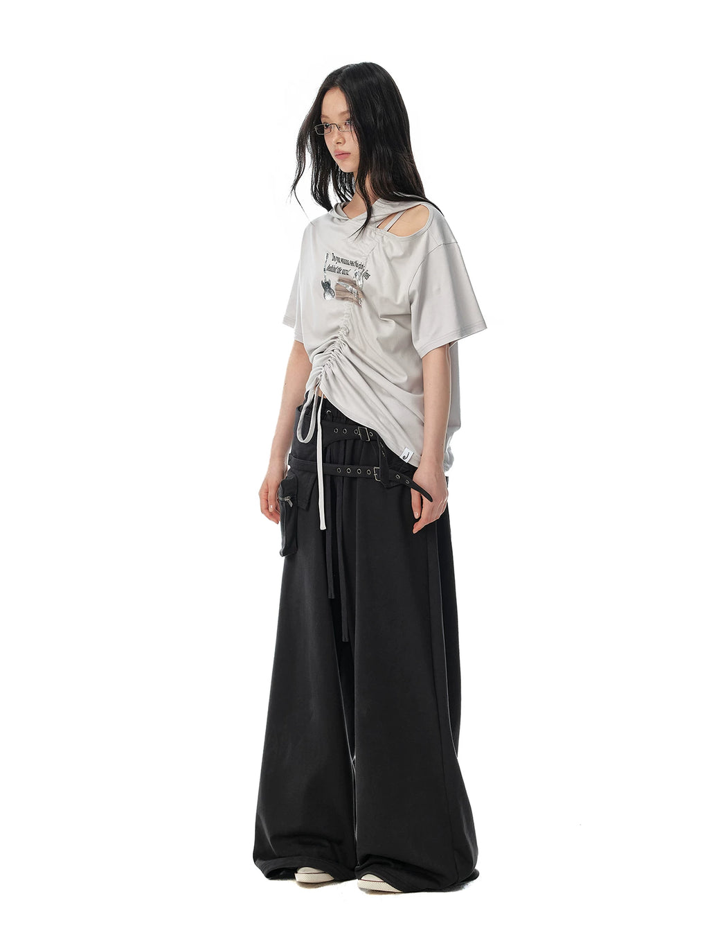 JIKOO Slanted Shoulder Hooded Loose Tee