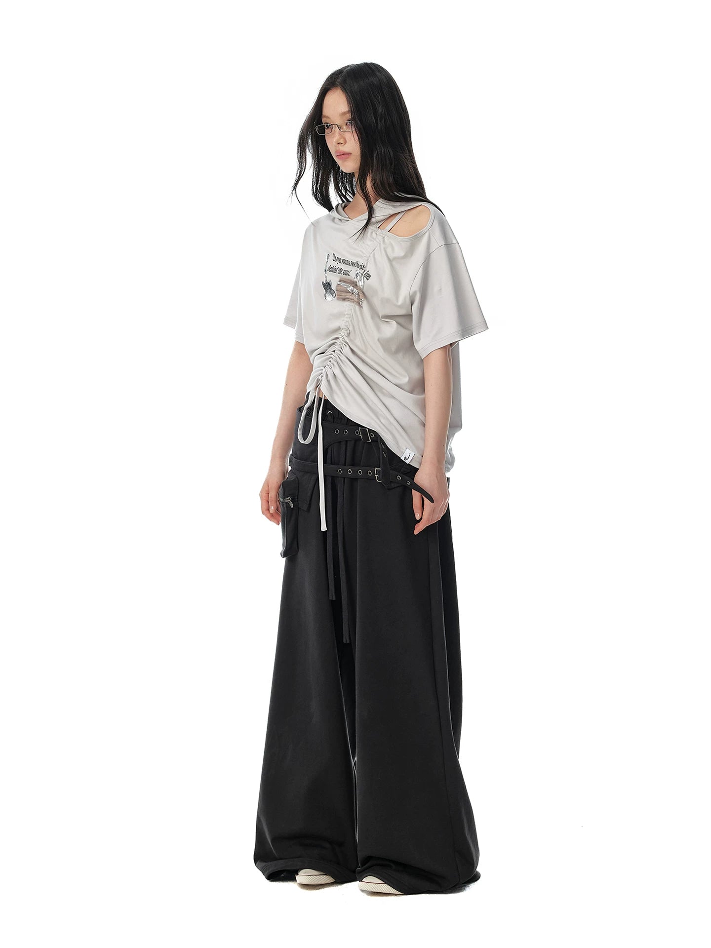 JIKOO Slanted Shoulder Hooded Loose Tee