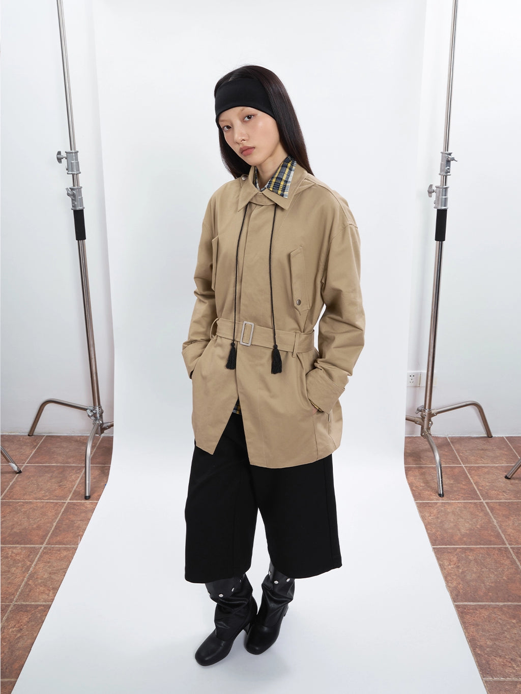 FUNKYFUN Medium and Long Khaki Lapel Jacket