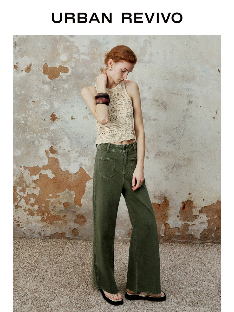 URBAN REVIVO Lazy Crochet Wavy Edge Sleeveless Knitted Sweater