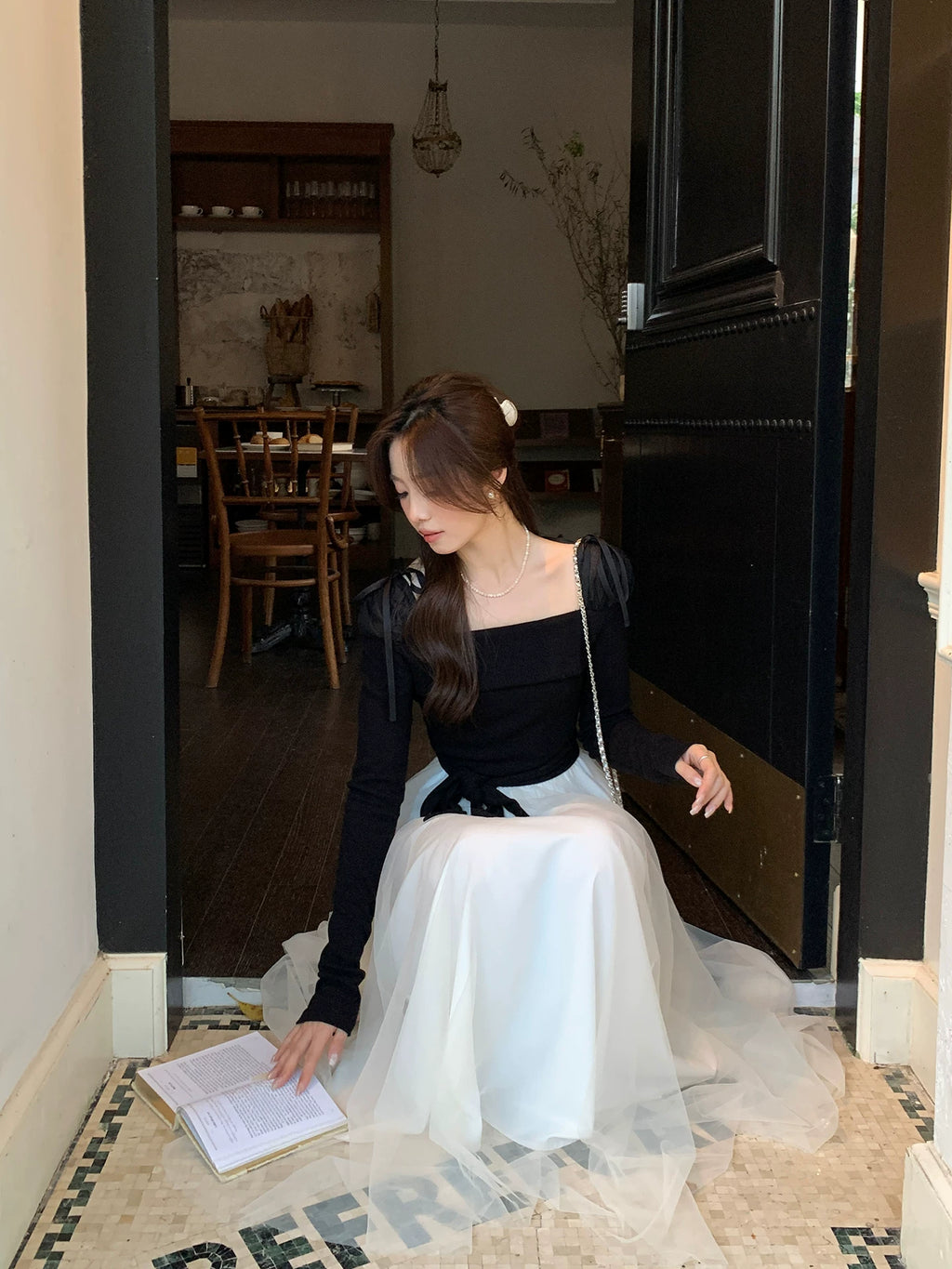 Even Square Collar Daughter Pinched Waist Thin Dress